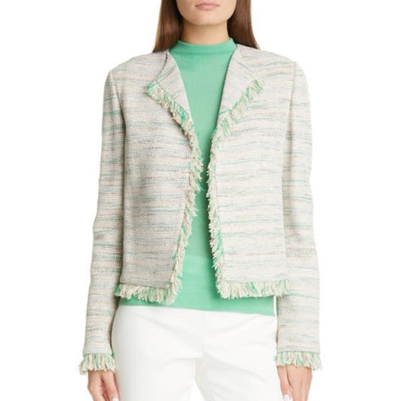 ST. JOHNOmbre Tweed Fringe-trim Jacket In White/golden Straw Multi